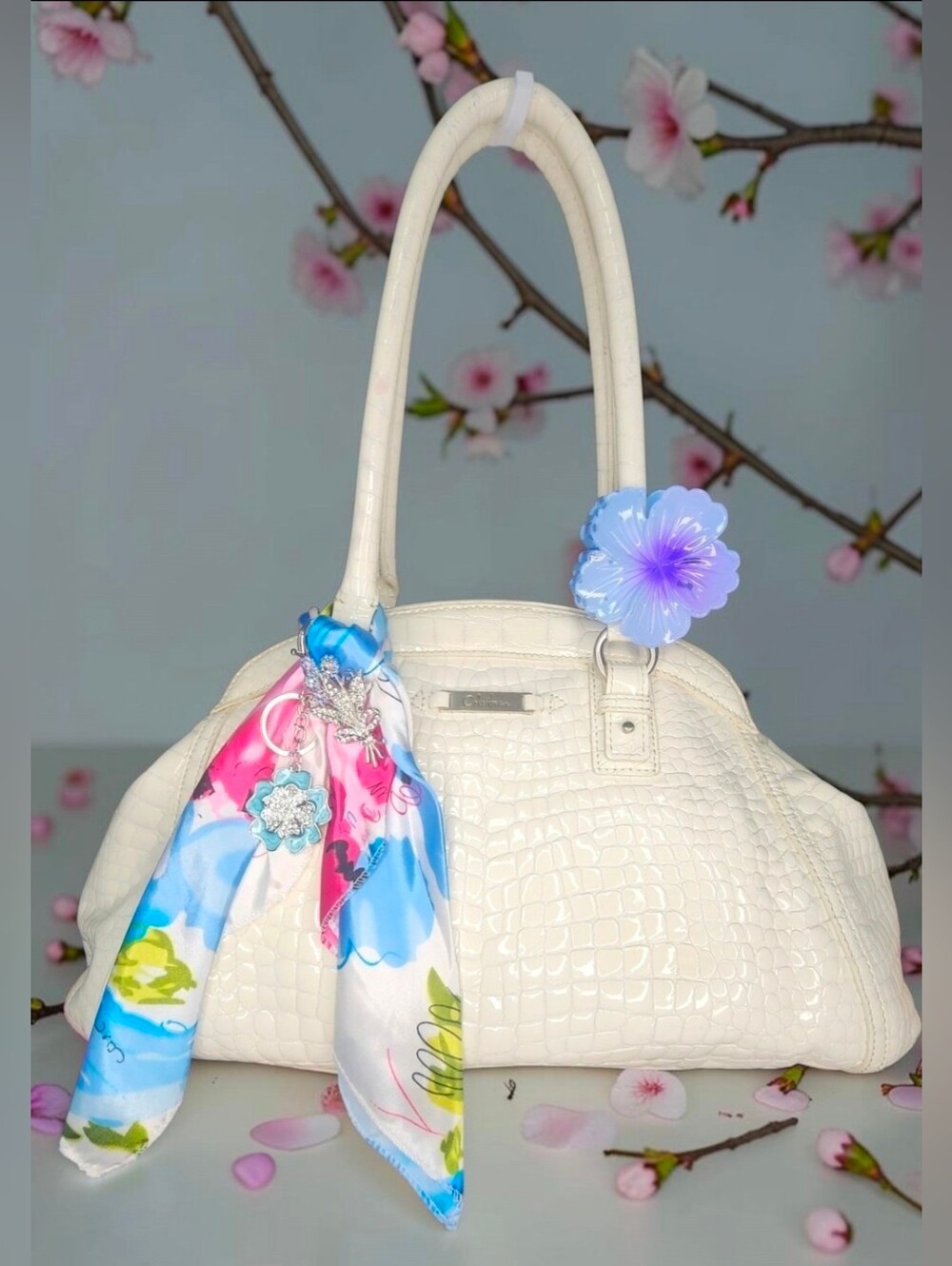 Vintage Cole Haan Ivory Croc-Embossed Leather Dome Satchel With Accesories